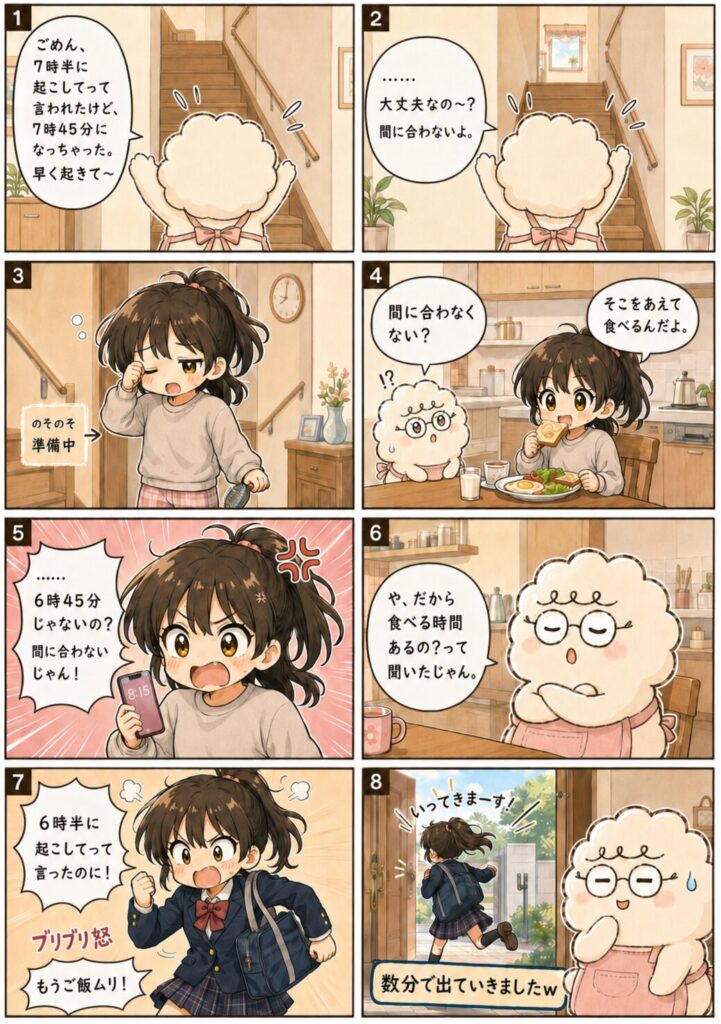 朝が苦手なWinと、起こし忘れたもふもすれの慌ただしい朝を描いた8コマ漫画