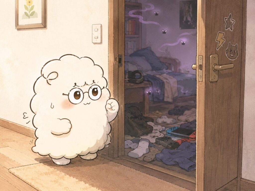 ハイTの部屋の入口で、もふもすれが覚悟を決めて立っているイメージ漫画