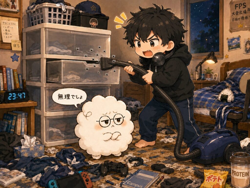 洋服収納ケースの前で、ハイTが掃除機を構え、もふもすれが「無理でしょ」と見ているイメージ漫画